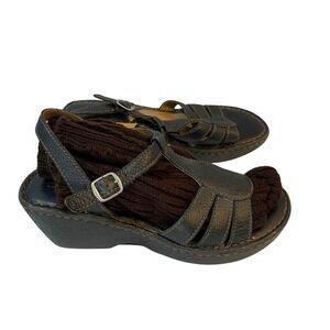 Great Northwest Denise Black Leather Wedge Sandals Womens 9M T-Strap Comfort